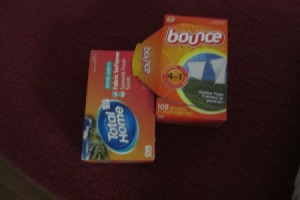 Boxes of Bounce dryer sheets.