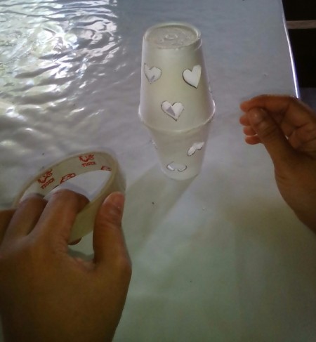 Heart Shapes Flashlight Cover - getting ready to tape cups together