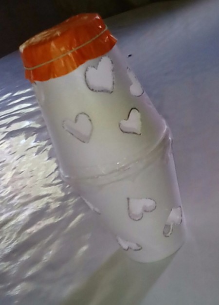 Heart Shapes Flashlight Cover - side view of taped cups with paper on uncut end