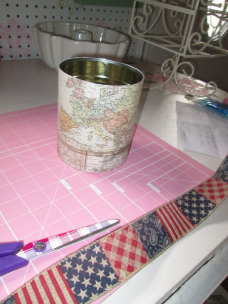 Decorate Food Cans For Office or Craft Storage - can decorated with map motif paper and Americana ribbon on cutting mat