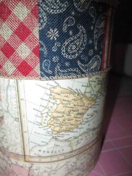 Decorate Food Cans For Office or Craft Storage - closeup of ribbon attached to top of map can