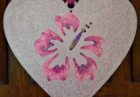 Hibiscus Love Mural Decoration - add white squiggles around flower and stitched lines around heart, finally add some silver squiggles