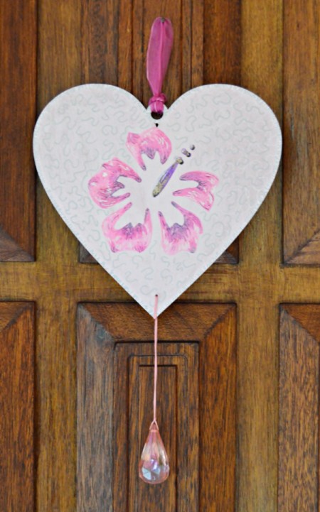 Hibiscus Love Mural Decoration - attach bead through bottom hole using embroidery floss