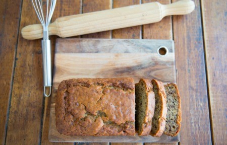 A loaf of banana applesauce quick bread.