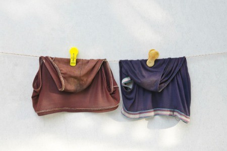 Two pairs of underwear on a clothesline.