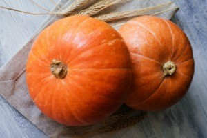 Two pumpkins, ready for baking.