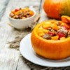 A pumpkin stuffed with a meat and vegetable stew.