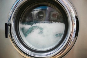 A washing machine in the wash cycle.