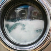A washing machine in the wash cycle.