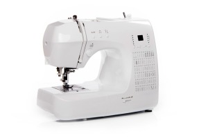 A sewing machine on a white background.