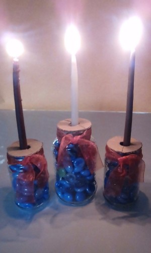 Glass Jar Candle Holder - closeup of lit candles