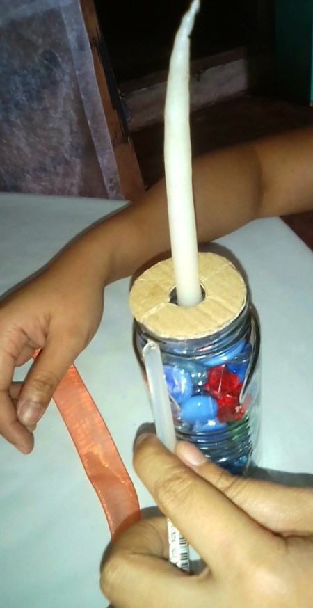 Glass Jar Candle Holder - adding glue around the jar neck for ribbon