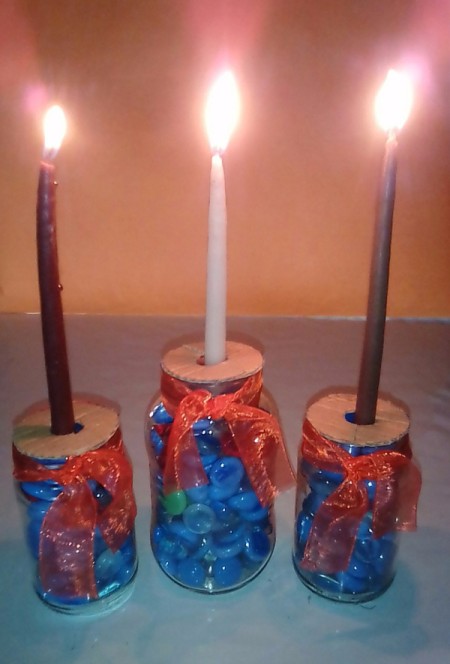 Glass Jar Candle Holder - lit candles