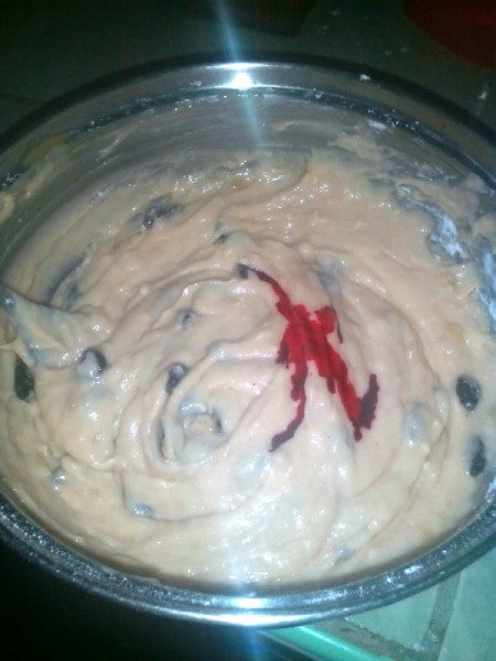 Adding raisins and food color to batter