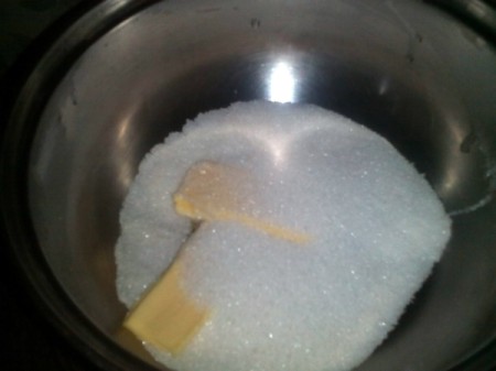 butter and sugar in pan