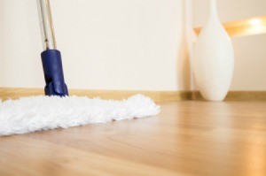 A hardwood floor with a mop, ready to clean.