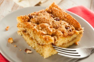 A slice of coffee cake on a plate.