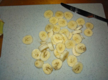 cut banana pieces on cutting board