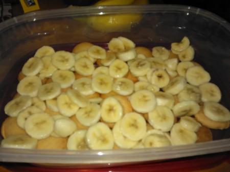 cut bananas on wafers in container