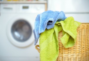 Towels in a laundry basket.