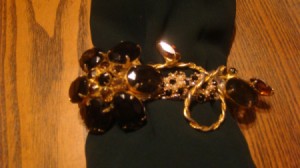 Recycled Jewelry Barrettes - barrette decorated with floral jewelry piece with dark topaz like stones