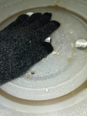Use Winter Glove for Cleaning Inside of Microwave - gloved hand in microwave