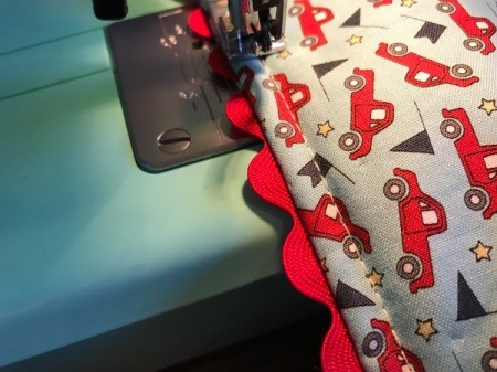 Whole Cloth Tied Quilt with Ric Rac Trim - topstitch 1/4 inch from edge of quilt