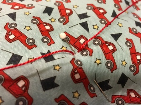 Whole Cloth Tied Quilt with Ric Rac Trim - stitch between pins