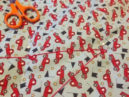 Whole Cloth Tied Quilt with Ric Rac Trim - snip floss half way between pins