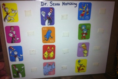 Dr. Seuss Matching Game - add two more rows, laminate page and add hard Velco next to stickers