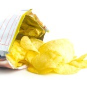 An open bag of potato chips.