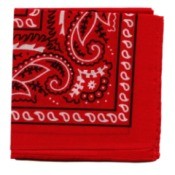 A classic red bandanna with a black and white pattern, folded.