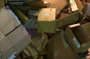 A pile of cardboard boxes.