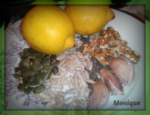 Seeds, grains, garlic and lemon to add to food for extra nutrition.