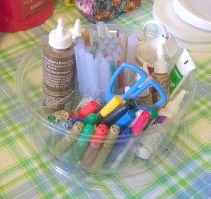 Recycled Fruit Container for Craft Supplies - clear plastic container filled with craft supplies