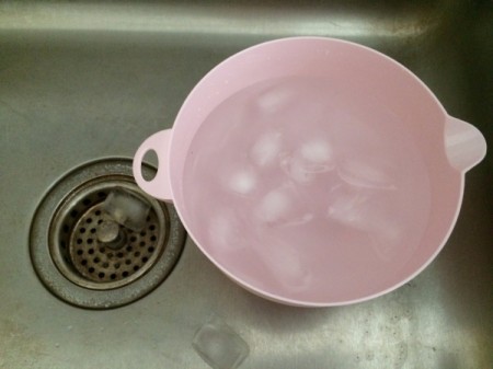 ice in bowl in sink