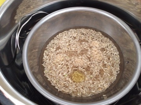 rice and water in bowl in pan