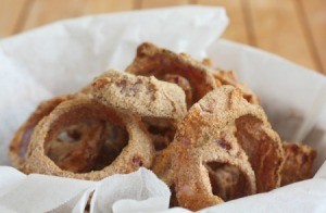 A batch of onion rings baked in the oven.