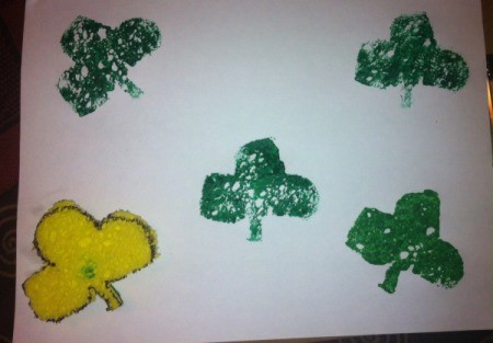 St. Patrick's Day Sponge Paintings - pour green paint onto a plate and print shamrocks