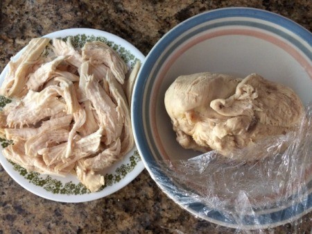 Cooked and shredded chicken.