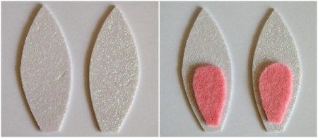 Upcycled Easter Bunny Craft - cut out ear pieces, glue inner ear to glitter foam ears
