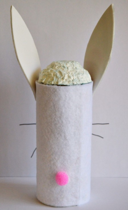 Upcycled Easter Bunny Craft - glue pink pom pom on back for the tail