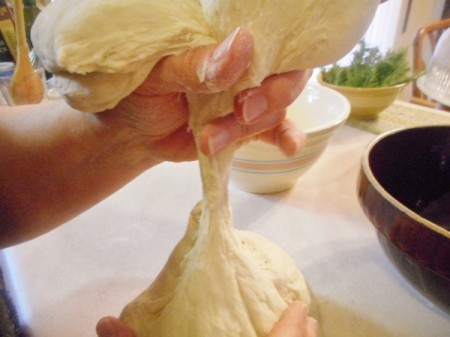 Kneading bread dough.