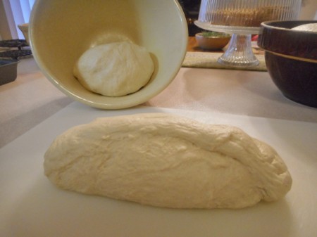 Bread dough on a counter.
