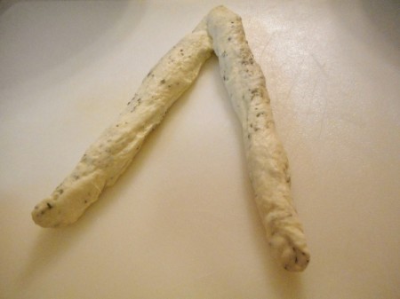 Two slender pieces of dough.