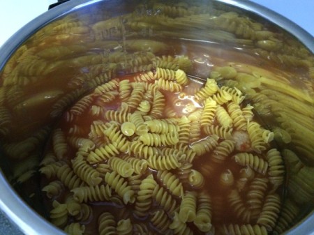 spaghetti, meatball and pasta sauce in pot