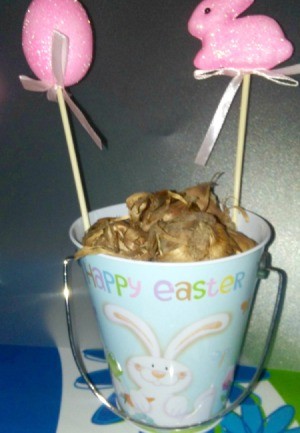 Gardener's Easter Basket - Easter decorated flower pot with bulbs and two Easter plant pokes