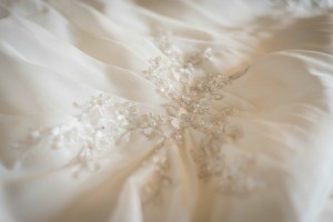 A formal beaded dress in white.