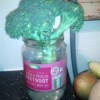 A head of broccoli in a jar of water.