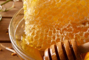 Raw honeycomb on a table.